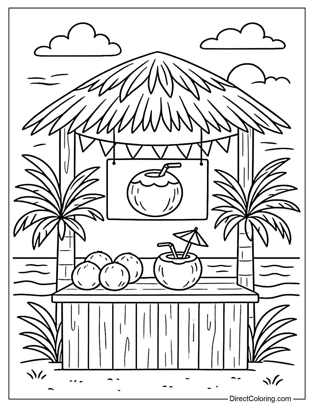 Coloring page of a coconut shop by the sea, hanging mini flags, decorative coconut leaves.